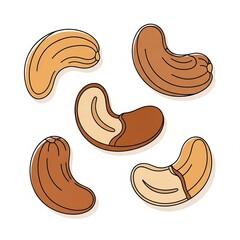 Cashew nuts in various shapes and colors on white background  