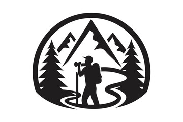 Silhouette shows a hiker with a backpack walking among trees and mountains