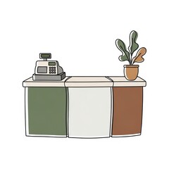 Cashier counter with cash register and potted plant in minimal style  