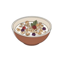 Bowl of cereal with yogurt and berries on white background  