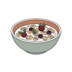 Cereal bowl filled with yogurt, berries, and cereal pieces  