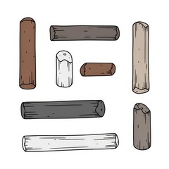 Hand-drawn wooden logs in various shapes and colors on white background  