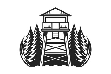 Silhouette watchtower rises amid stylized pines, evoking rustic observation and solitude