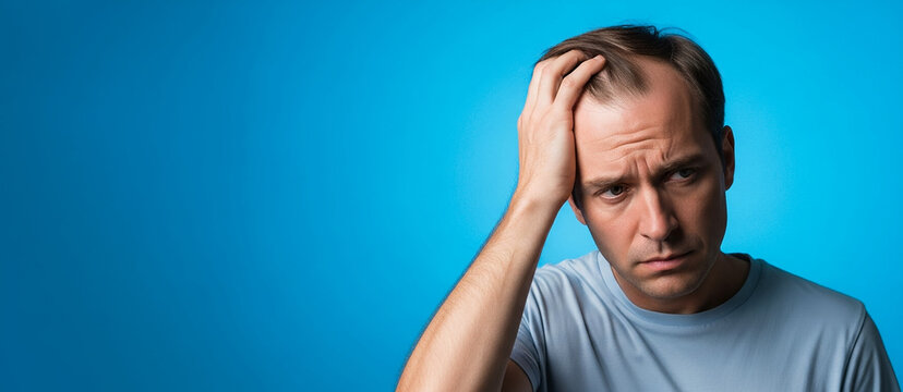 Man touching thinning hair on scalp, middle-aged Caucasian male concerned about hair loss, anxiety and self-image issues in personal care