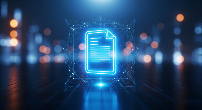 Digital document icon glowing with blue neon light on a dark background with bokeh effect
