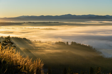 A wonderful autumn spectacle performed by the rays of the sun and the mists in the morning with the mountains in the background.