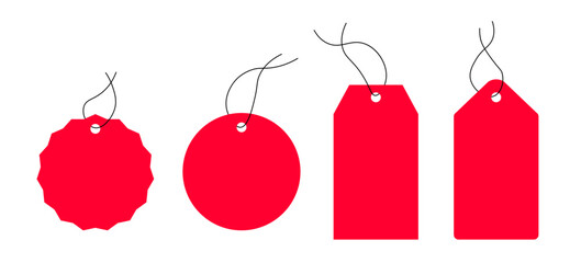 Set of realistic red sale labels and discount price tags mockups, featuring paper gift labels with rope and promotional sales hanging tags. Ideal for retail and shopping projects, these vector