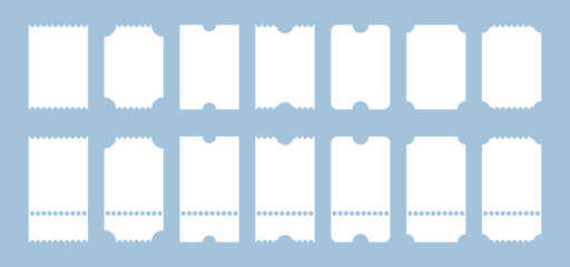 white ticket mockups with ruffled edges and subtle shadows, presented as small vertical empty templates. Ideal for concerts, movies, theater, boarding, lottery, or sale coupons, perfect for digital