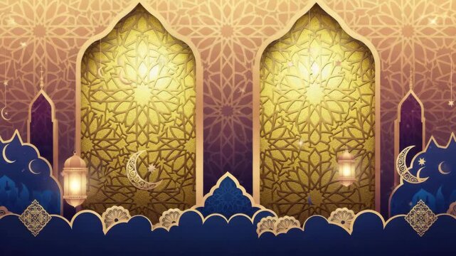 Islamic ramadan background with golden geometric patterns, crescent moons, and lanterns