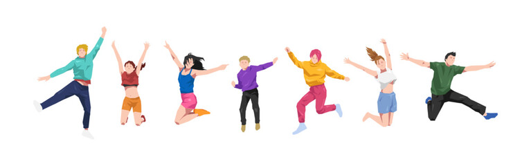 Happy young people jumping together. Success, celebration, and friendship concept. Cartoon vector illustration.