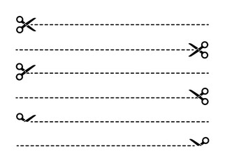 Scissors icons set with cut lines and dashed borders, symbolizing cutting and trimming in minimal doodle style. Perfect for design projects, apps, websites, crafts, and creative illustrations.