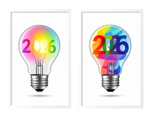 Colorful Lightbulb with Year 2026 Concept Bundle, Two Innovation Designs, isolated on transparent background