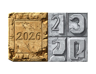 Two Variations of 2026 Engraved in Stone, Realistic Texture Collection, isolated on transparent background