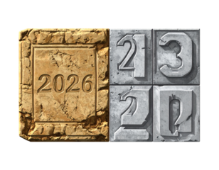 Two Variations of 2026 Engraved in Stone, Realistic Texture Collection, isolated on transparent background