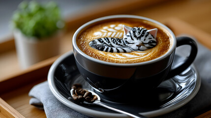 A black coffee cup with a latte art design of a sleeping zebra cat. The cup is placed on a wooden tray with a spoon and a small plant in the background.