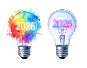 Two Variations of 2026 Lightbulb Illustration, New Ideas and Creativity Concept, isolated on transparent background