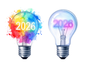 Two Variations of 2026 Lightbulb Illustration, New Ideas and Creativity Concept, isolated on transparent background