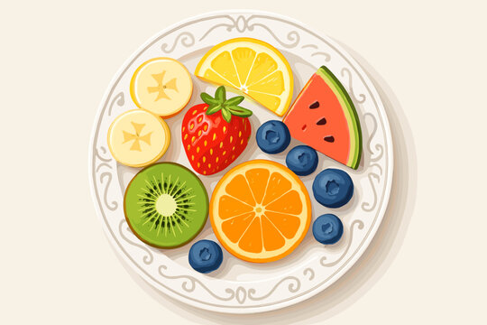 Vibrant Fruit Display. Flat lay of vibrant fresh fruit arranged in a decorative pattern on a clean white vector illustration plate