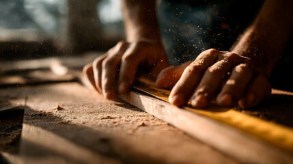 Close-up of hands measuring wood with a ruler in a workshop. Dust particles are visible in the air, indicating a woodworking environment.