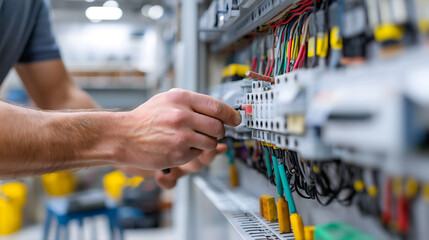 A close-up of a male technician's hand working on electrical wiring in a control panel. Colorful wires and connectors are visible in the background.