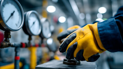 A close-up of a worker's hand wearing yellow gloves, adjusting a control knob near pressure gauges in an industrial setting. The background is blurred with machinery.