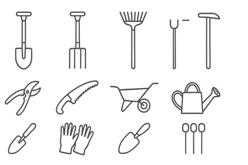 Obraz premium Garden Tools Icons. Line style icons of Garden Tools: Spade, Fork, Rake, Hoe; Secateurs, Pruning Saw, Wheelbarrow, Watering Can;