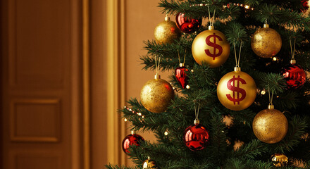 Christmas tree with dollar sign ornaments, holiday finances and festive economy theme