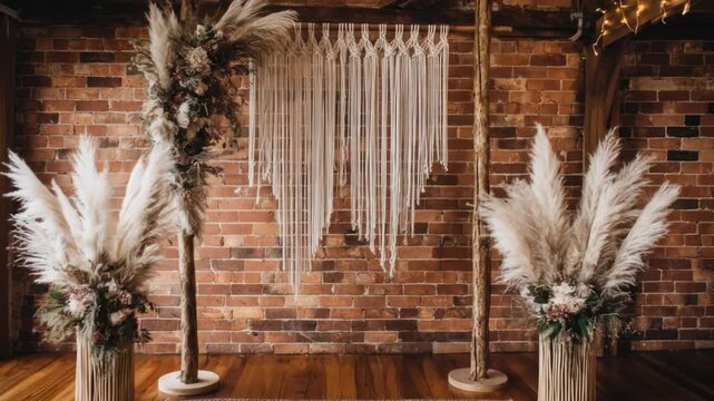 Rustic interior with a macrame wall hanging, pampas grass arrangements, and a brick wall backdrop
