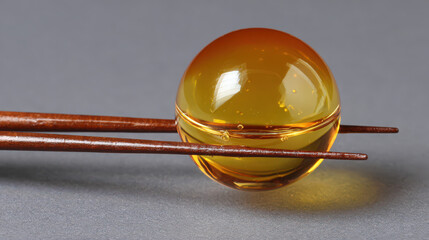 translucent juice sphere with chopsticks in molecular gastronomy