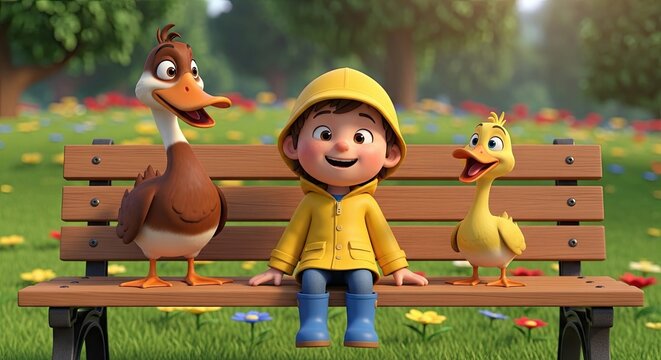 A Happy Boy Sitting On A Bench With Two Cute Ducks In A Park