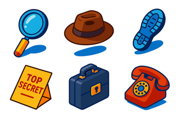 Detective Agency Icons. Isometric vector illustration set Detective Agency: magnifying glass, leather fedora, running footprint,