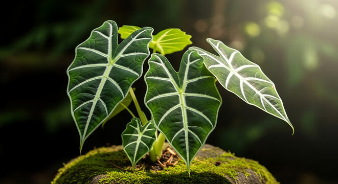Rare variegated alocasia frydek with velvet leaves, moss rock background, botanical plant photography for premium exotic jungle stock visuals