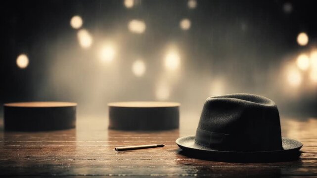A dark scene features a fedora hat, a pen, and two circular podiums on a wooden surface, with blurred lights
