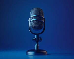 Vintage Microphone on Stand with Blue Background and Soft Lighting