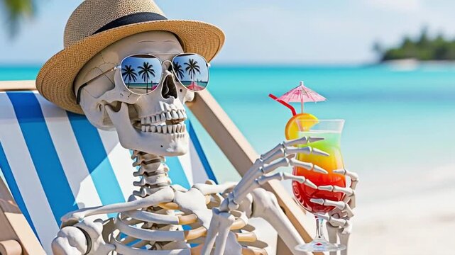 A skeleton enjoying a cocktail on a tropical beach, concept of afterlife relaxation.