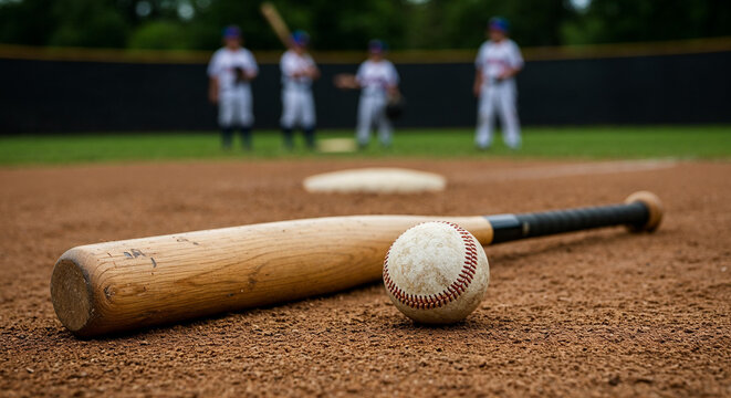 Baseball Bat and Ball on Field Close-Up