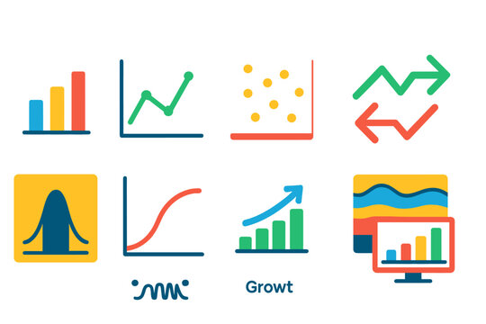 Sclerochronology Data Icons. Flat vector icons of data analysis in sclerochronology: graph chart, line plot, scatter plot, time