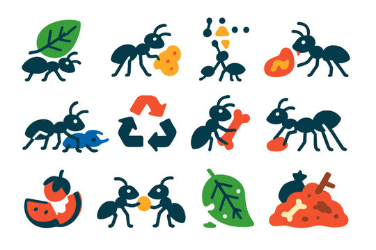 Ants in Action. Flat vector icons of ants as scavengers: ant carrying leaf, ant with bread crumb, trail of food transport, ant