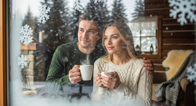 Couple looking out window at falling snow, cozy wooden cabin interior with warm winter light, comfort and companionship in winter retreat