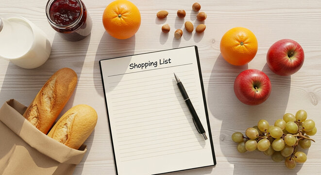 Empty notepad page with shopping list title mockup, grocery planning and household organization in daily life