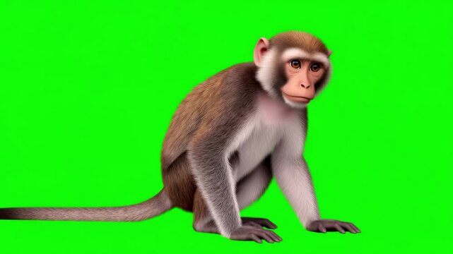 Monkey walking against a green screen, perfect for VFX and educational content showcasing wildlife behavior in a clean, isolated setting. Realistic monkey on chroma key background