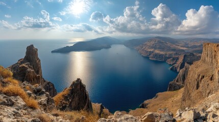 Breathtaking Aerial View of Stunning Seascape with Dramatic Mountains and Vibrant Sky at Sunrise Over Calm Waters in a Mediterranean Paradise