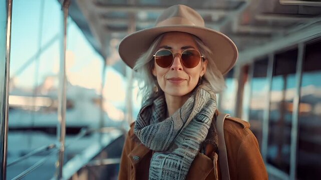 A woman in a hat and sunglasses stands on a bus, looking out over a cityscape. She wears a beige hat and a patterned scarf, and her attire is complemented by a brown leather jacket.