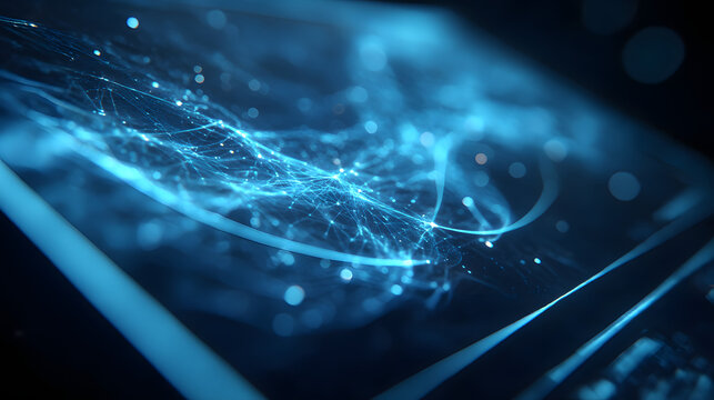 Digital Network: A luminous network of interconnected lines and points glows on a digital screen, symbolizing the complex web of data and communication in the digital age.