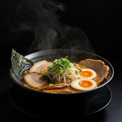 Steaming hot bowl of savory ramen with tender pork, soft boiled eggs, and fresh greens