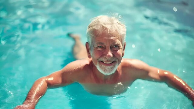 senior man swimming in pool with sunlight filtering through waters surface.