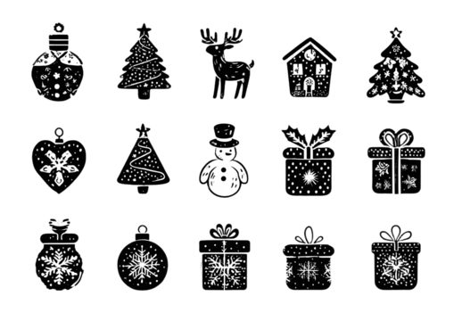 Set of Modern Flat Christmas Icons for Design Projects - Black and White Illustrations, Vector - Powered by Adobe