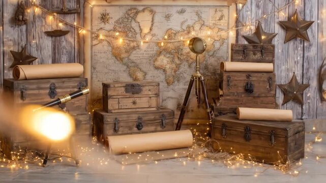 A vintage scene with a map, telescope, chests, lights, and star decor creates an adventurous atmosphere
