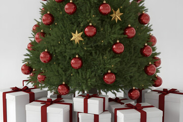 Beautiful Christmas Tree with Red Ornaments and Gift Boxes