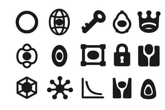 Molecular Host-Guest Complexes. Solid style icons of host-guest complexes: macrocyclic ring, guest molecule inside cage, molecular